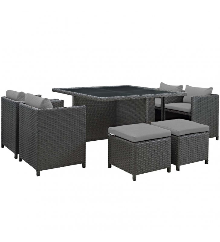 Sojourn 9 Piece Outdoor Patio Sunbrella Dining Set in Canvas Gray - Lexmod