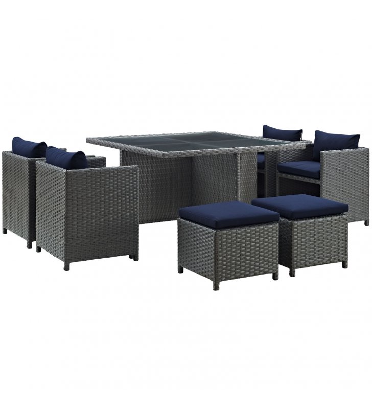 Sojourn 9 Piece Outdoor Patio Sunbrella¬Æ Dining Set in Canvas Navy - Lexmod