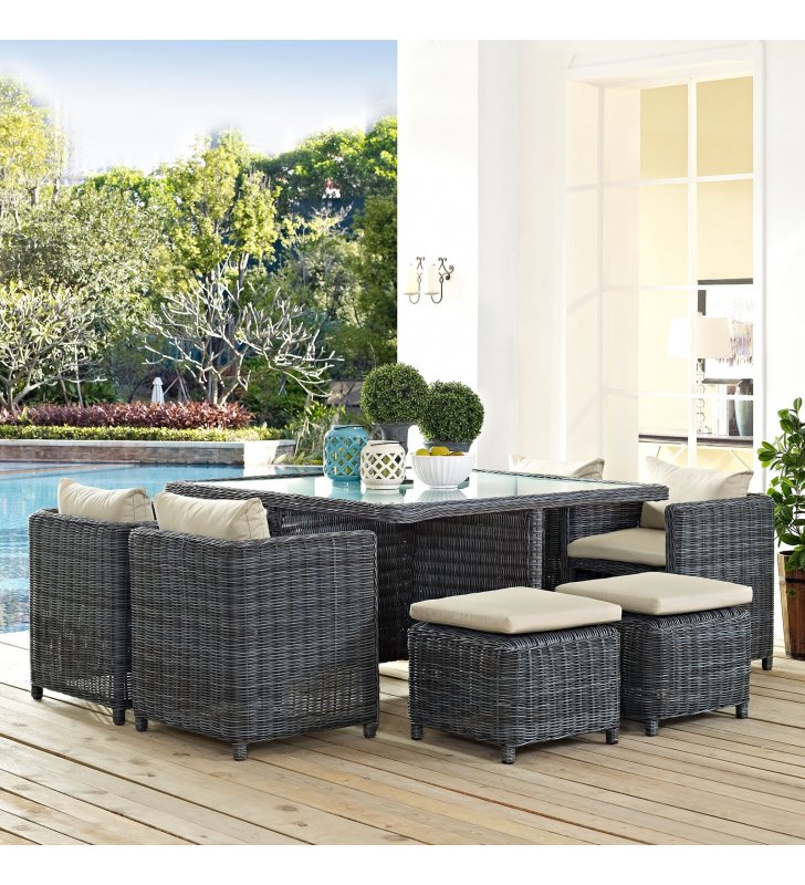 Summon 9 Piece Outdoor Patio Sunbrella¬Æ Dining Set in Antique Canvas Beige - Lexmod