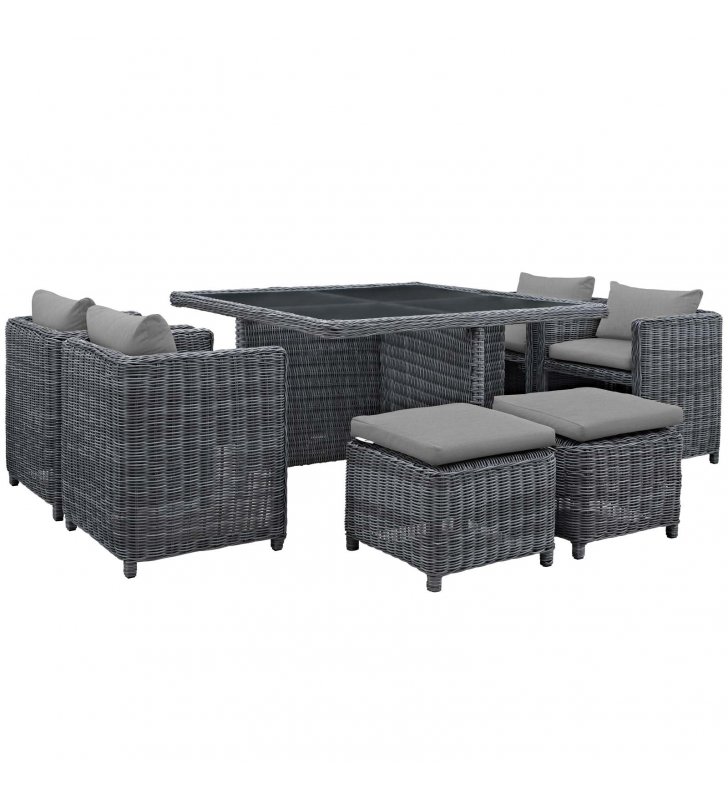 Summon 9 Piece Outdoor Patio Sunbrella Dining Set in Canvas Gray - Lexmod