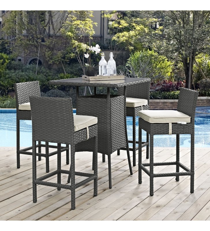 Sojourn 5 Piece Outdoor Patio Sunbrella¬Æ Pub Set in Antique Canvas Beige - Lexmod