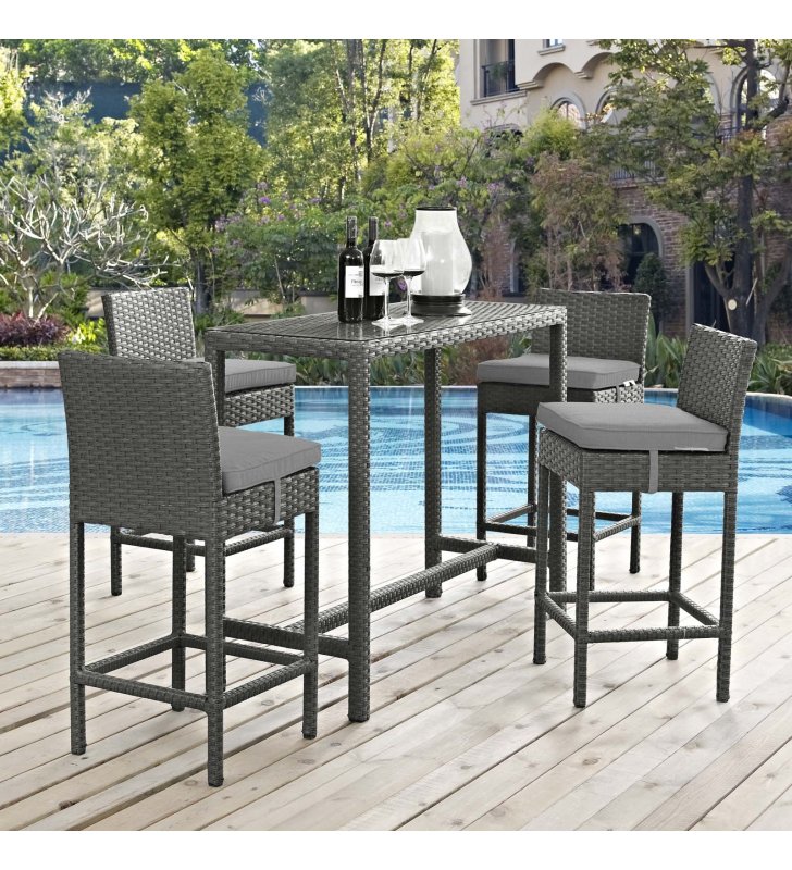 Sojourn 5 Piece Outdoor Patio Sunbrella Pub Set in Canvas Gray - Lexmod