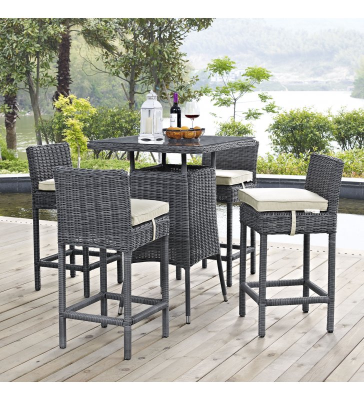 Summon 5 Piece Outdoor Patio Sunbrella¬Æ Pub Set in Antique Canvas Beige - Lexmod