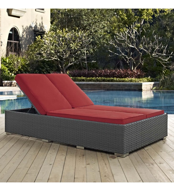 Sojourn Outdoor Patio Sunbrella Double Chaise in Chocolate Red - Lexmod