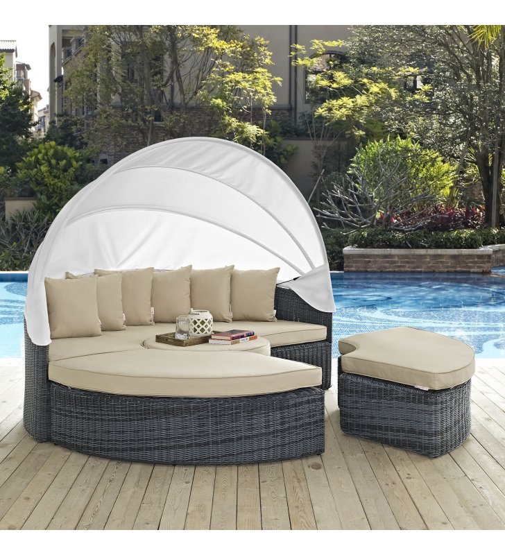 Summon Canopy Outdoor Patio Sunbrella¬Æ Daybed in Antique Canvas Beige - Lexmod