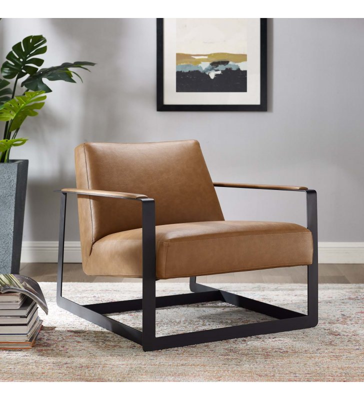 Seg Vegan Leather Accent Chair in Tan - Lexmod