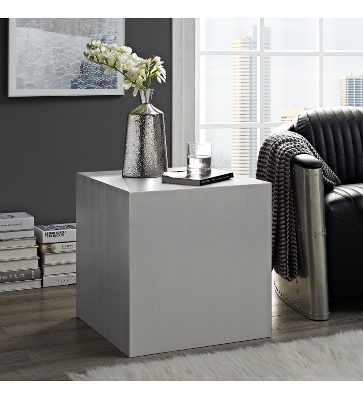 Cast Stainless Steel Side Table in Silver - Lexmod
