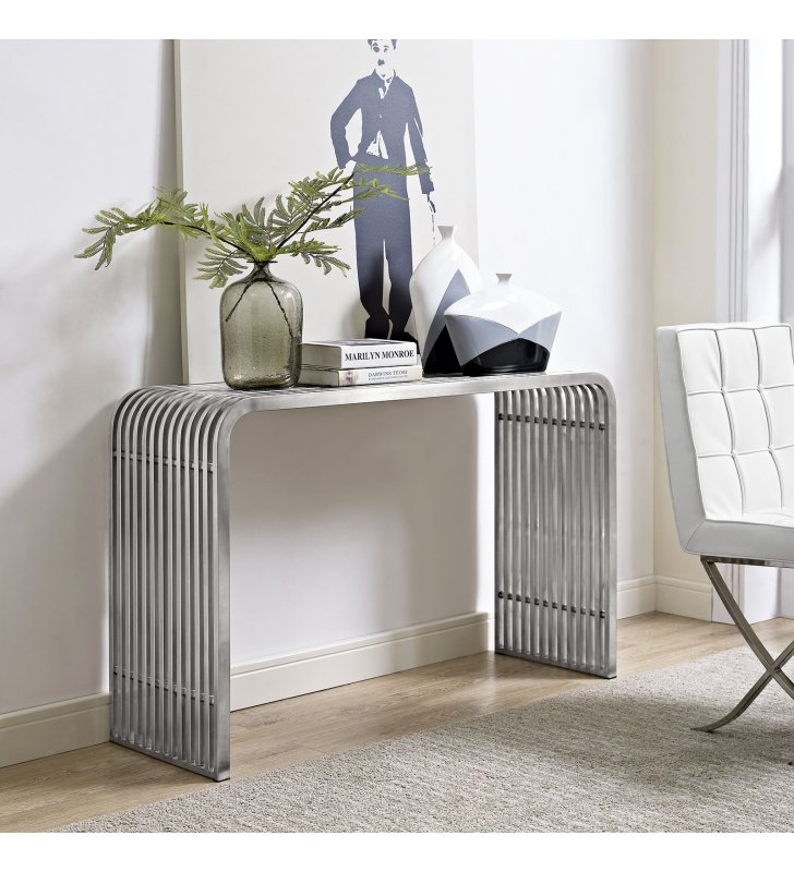 Pipe Stainless Steel Console Table in Silver - Lexmod