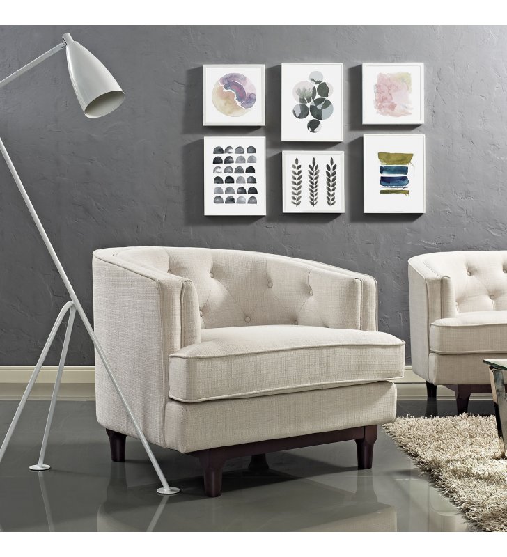 Coast Upholstered Fabric Armchair in Beige - Lexmod