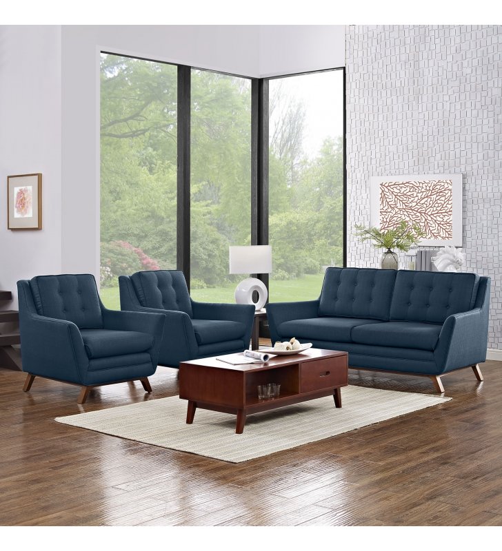 Beguile 3 Piece Upholstered Fabric Living Room Set in Azure - Lexmod
