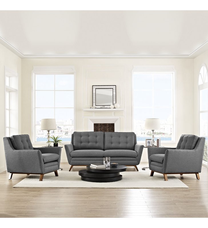Beguile 3 Piece Upholstered Fabric Living Room Set in Gray - Lexmod