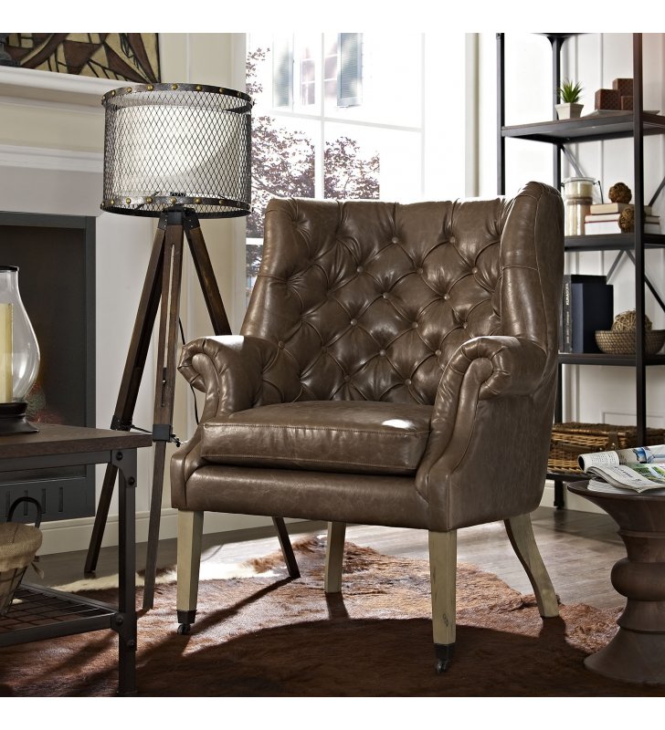 Chart Upholstered Vinyl Lounge Chair in Brown - Lexmod