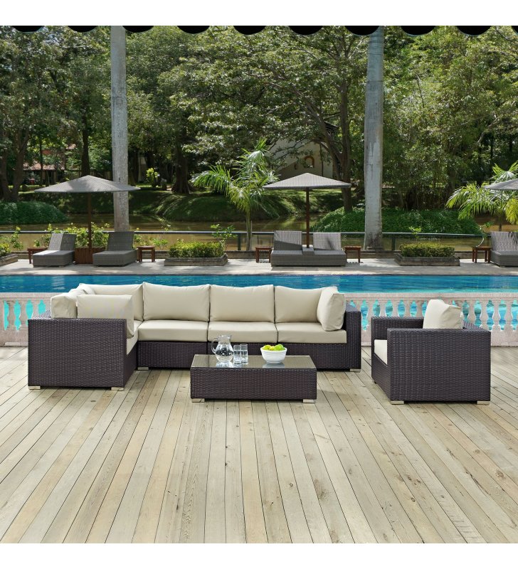 Convene 7 Piece Outdoor Patio Sectional Set in Espresso Beige - Lexmod