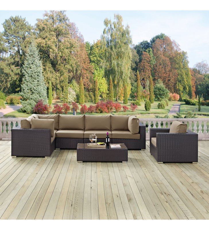 Convene 7 Piece Outdoor Patio Sectional Set in Espresso Mocha - Lexmod