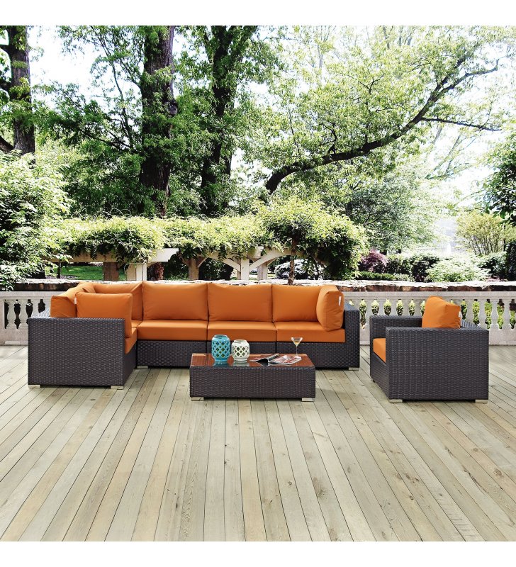 Convene 7 Piece Outdoor Patio Sectional Set in Espresso Orange - Lexmod