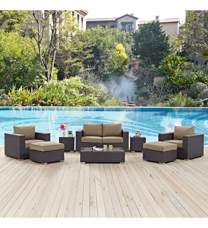 Convene 8 Piece Outdoor Patio Sofa Set in Espresso Mocha - Lexmod