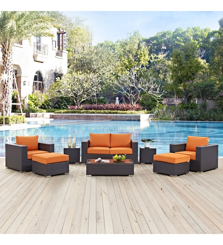 Convene 8 Piece Outdoor Patio Sofa Set in Espresso Orange - Lexmod
