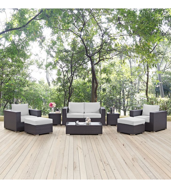 Convene 8 Piece Outdoor Patio Sofa Set in Espresso White - Lexmod