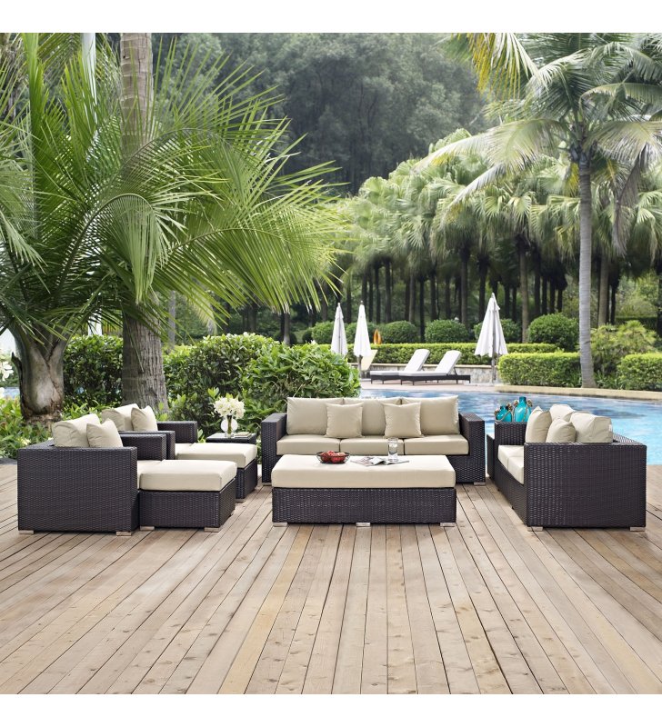 Convene 9 Piece Outdoor Patio Sofa Set in Espresso Beige - Lexmod