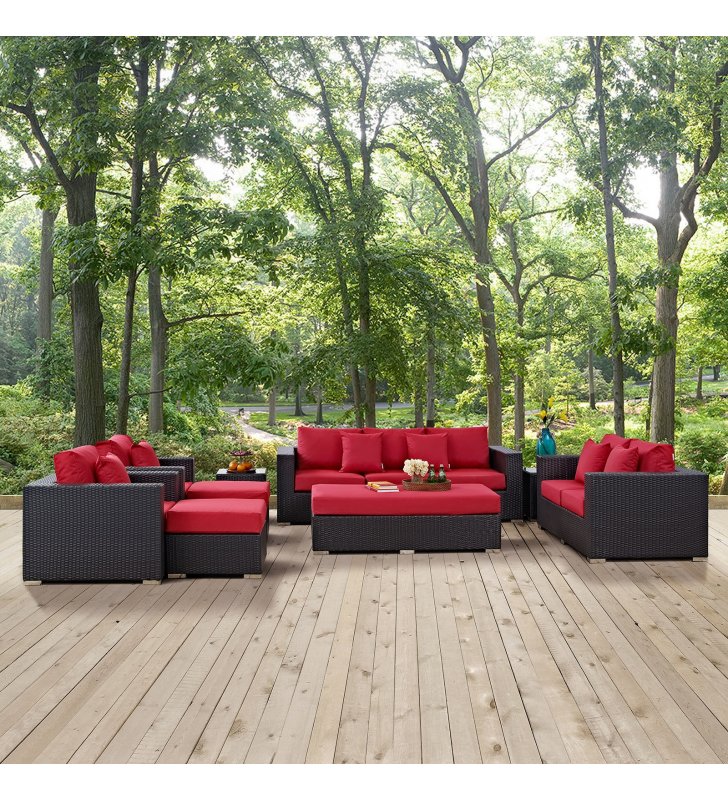 Convene 9 Piece Outdoor Patio Sofa Set in Espresso Red - Lexmod