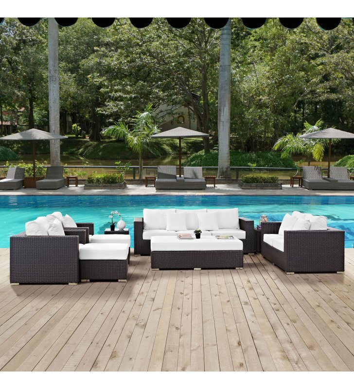 Convene 9 Piece Outdoor Patio Sofa Set in Espresso White - Lexmod