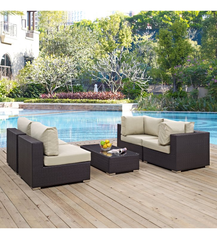 Convene 5 Piece Outdoor Patio Sectional Set in Espresso Beige - Lexmod