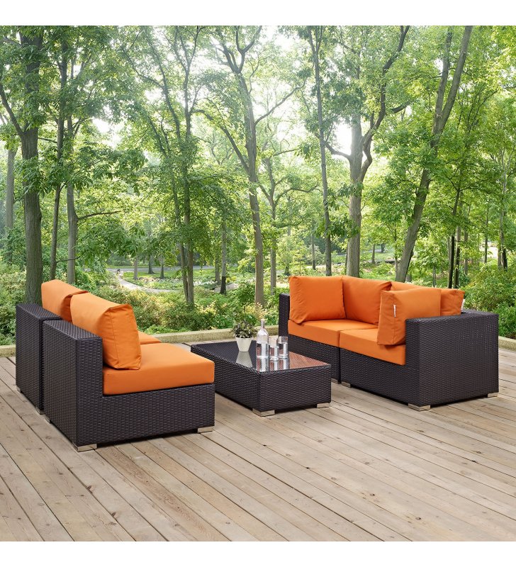 Convene 5 Piece Outdoor Patio Sectional Set in Espresso Orange - Lexmod