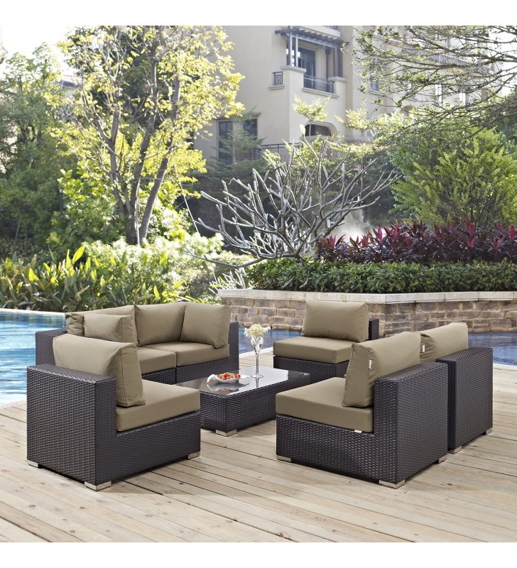 Convene 7 Piece Outdoor Patio Sectional Set in Espresso Mocha - Lexmod