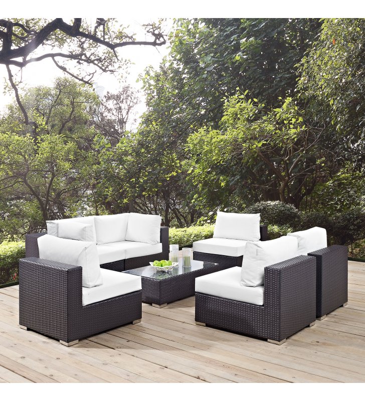 Convene 7 Piece Outdoor Patio Sectional Set in Espresso White - Lexmod
