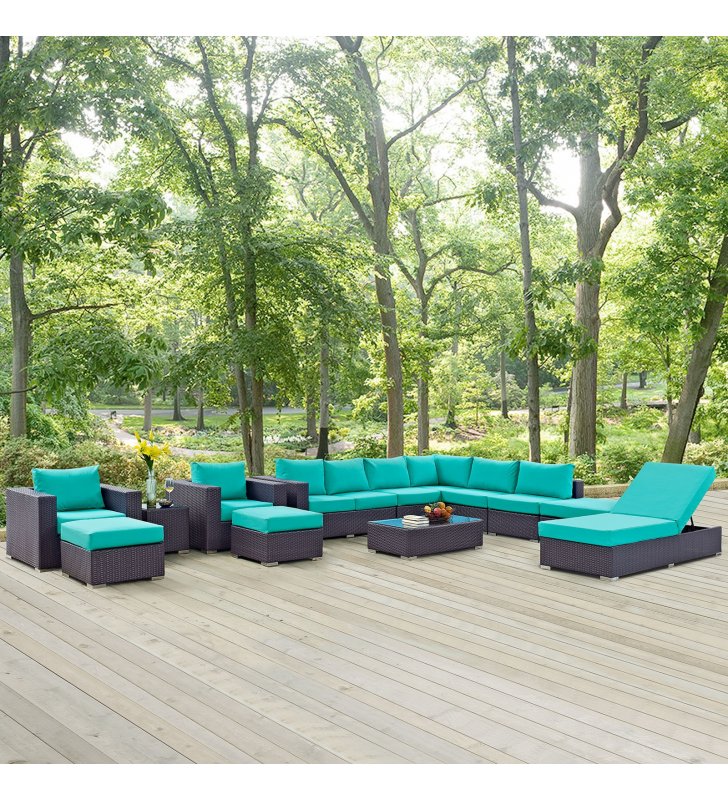 Convene 12 Piece Outdoor Patio Sectional Set in Espresso Turquoise - Lexmod