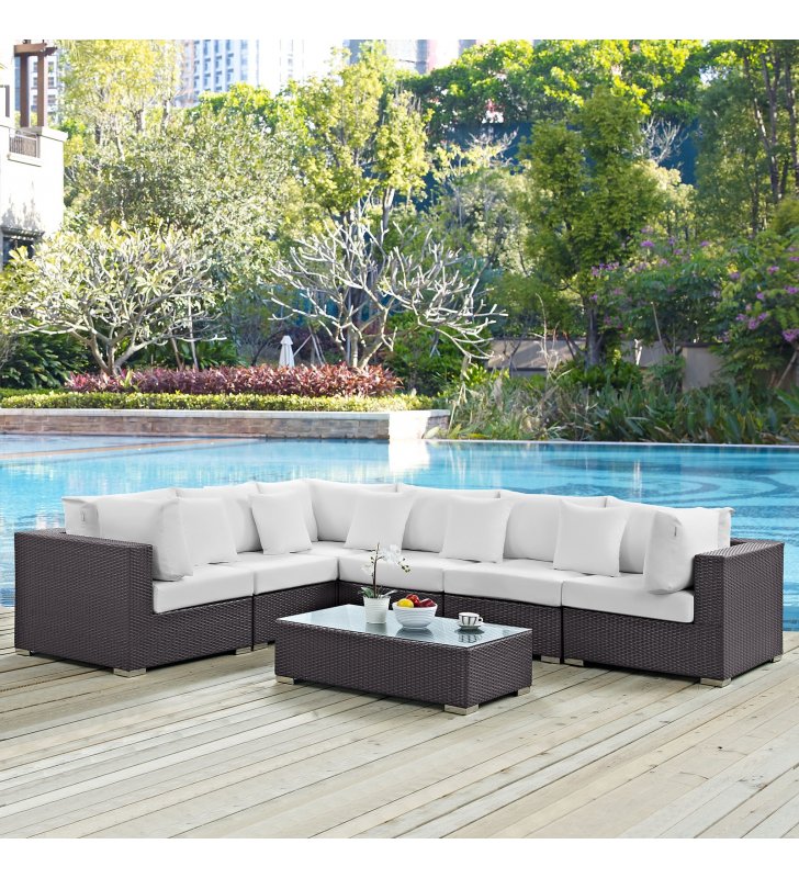 Convene 7 Piece Outdoor Patio Sectional Set in Espresso White - Lexmod