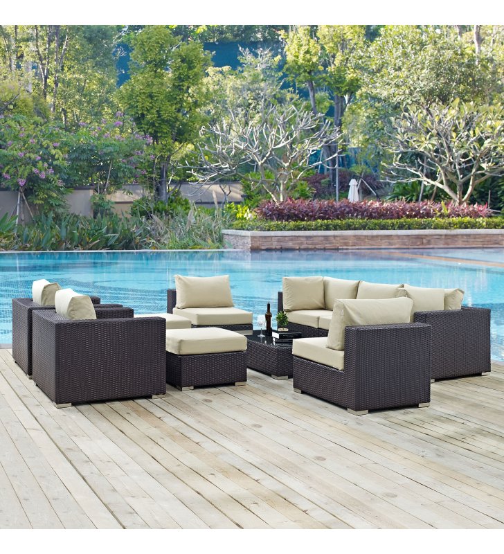 Convene 10 Piece Outdoor Patio Sectional Set in Espresso Beige - Lexmod