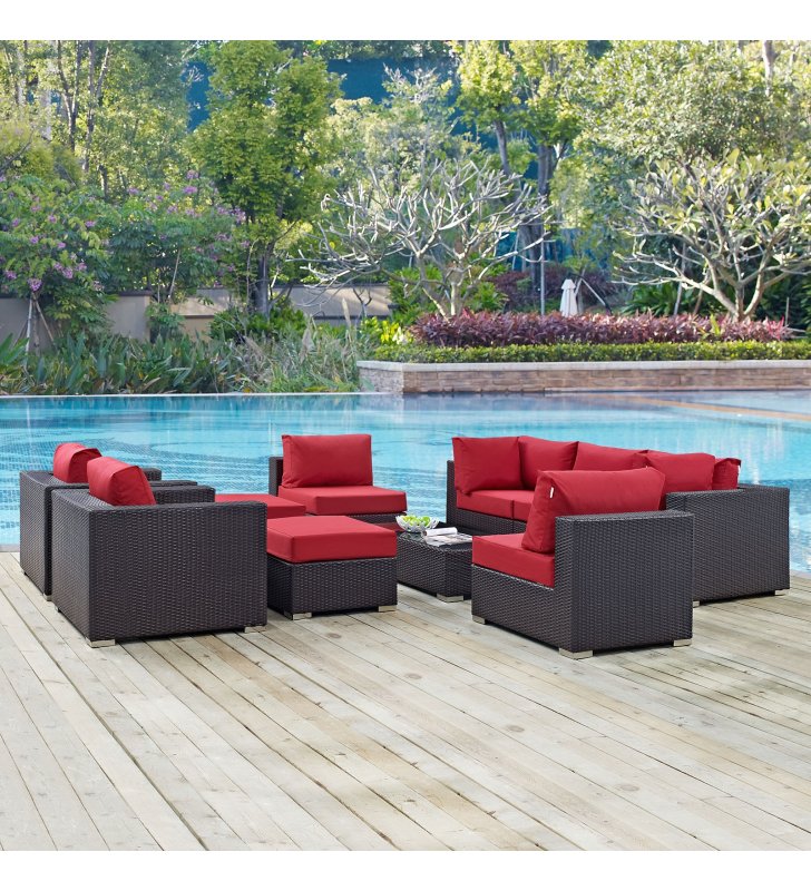 Convene 10 Piece Outdoor Patio Sectional Set in Espresso Red - Lexmod