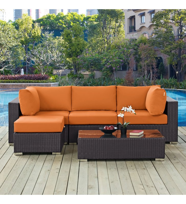 Convene 5 Piece Outdoor Patio Sectional Set in Espresso Orange - Lexmod