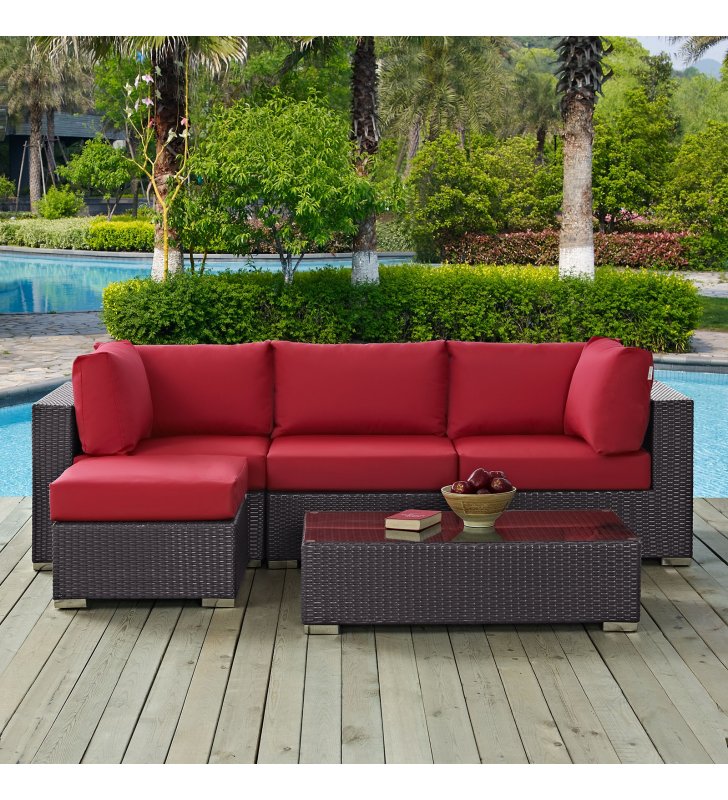 Convene 5 Piece Outdoor Patio Sectional Set in Espresso Red - Lexmod