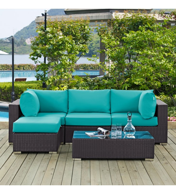 Convene 5 Piece Outdoor Patio Sectional Set in Espresso Turquoise - Lexmod