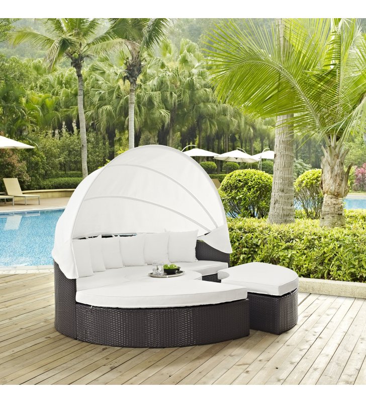 Convene Canopy Outdoor Patio Daybed in Espresso White - Lexmod