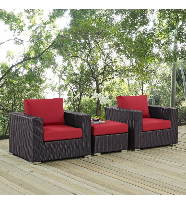 Convene 3 Piece Outdoor Patio Sofa Set in Espresso Red - Lexmod