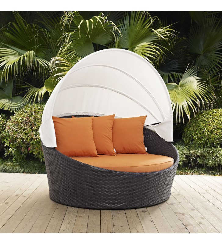 Convene Canopy Outdoor Patio Daybed in Espresso Orange - Lexmod