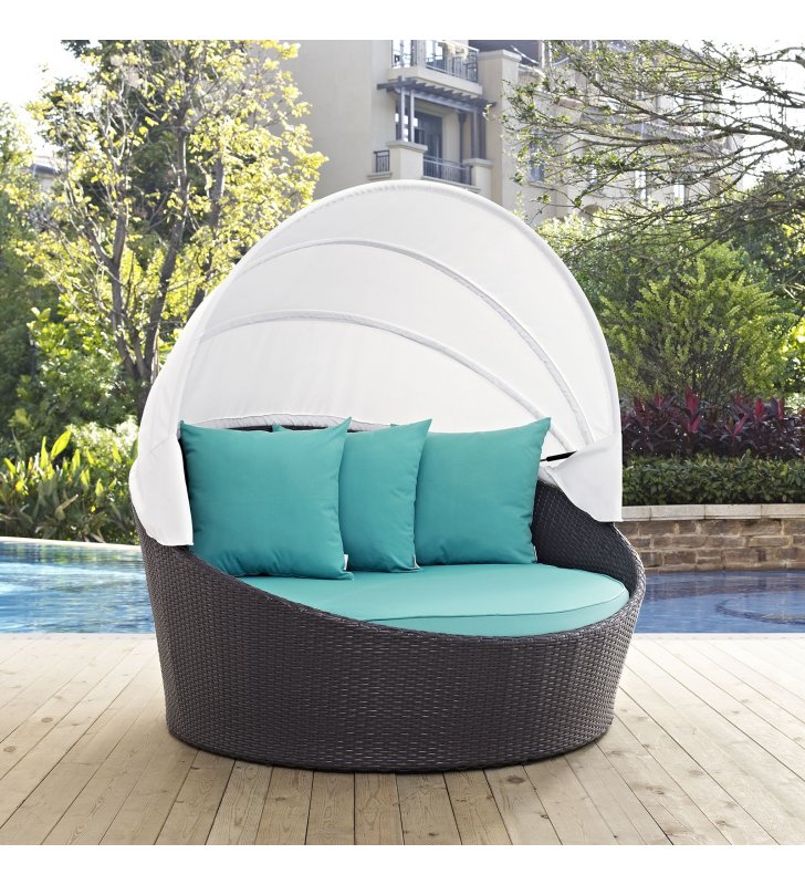 Convene Canopy Outdoor Patio Daybed in Espresso Turquoise - Lexmod