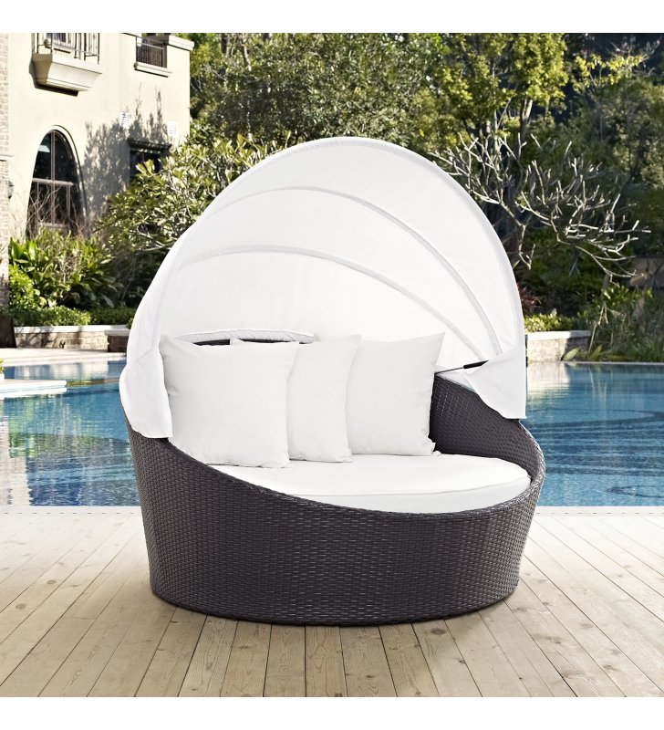 Convene Canopy Outdoor Patio Daybed in Espresso White - Lexmod