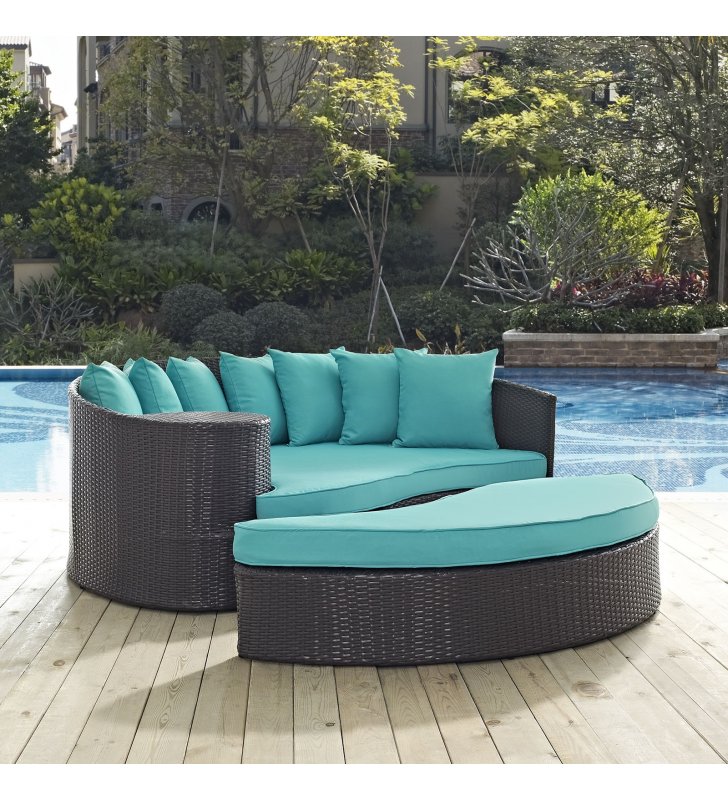 Convene Outdoor Patio Daybed in Espresso Turquoise - Lexmod