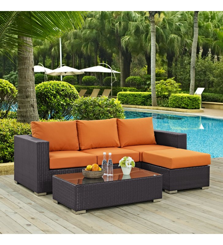 Convene 3 Piece Outdoor Patio Sofa Set in Espresso Orange - Lexmod