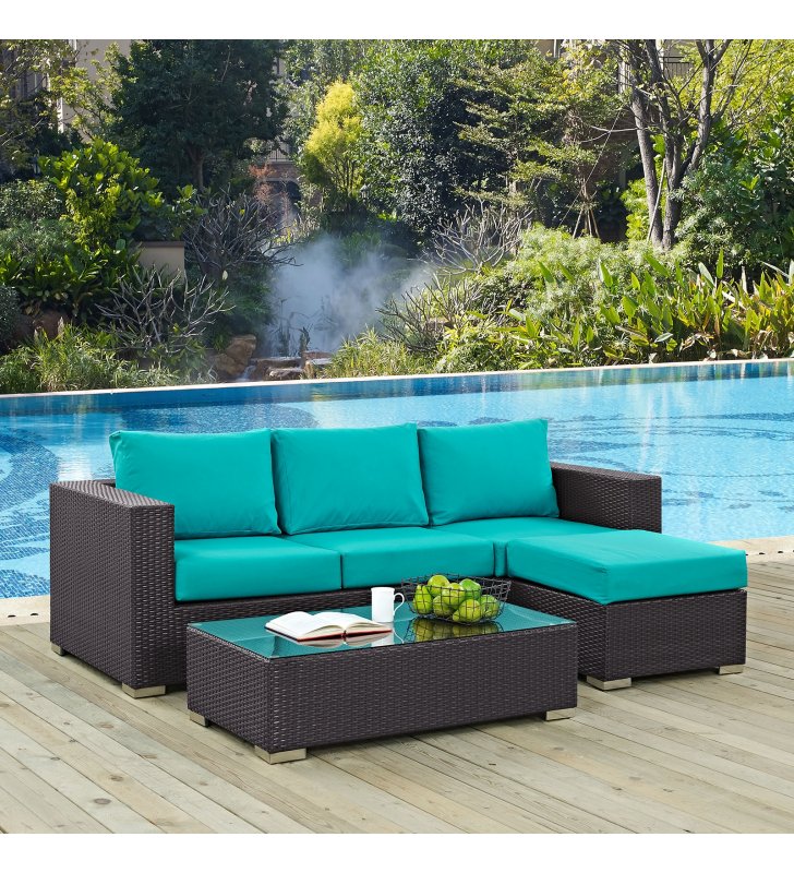 Convene 3 Piece Outdoor Patio Sofa Set in Espresso Turquoise - Lexmod