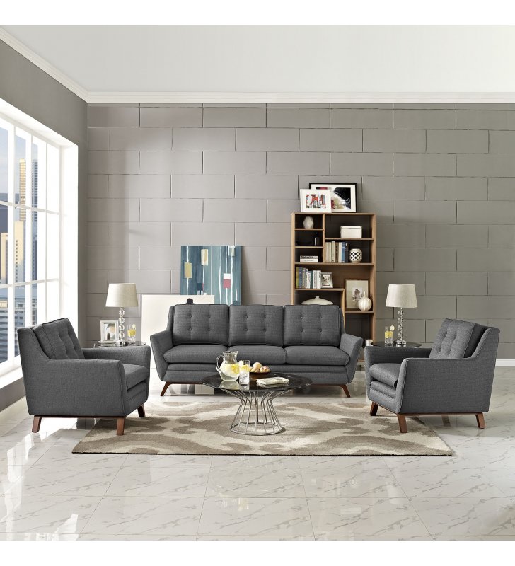Beguile 3 Piece Upholstered Fabric Living Room Set in Gray - Lexmod