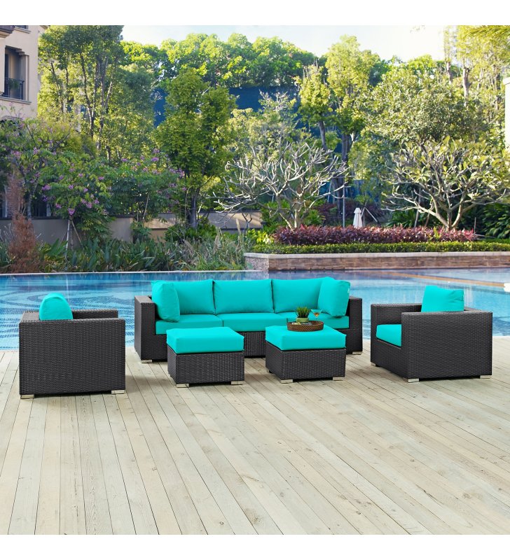 Convene 7 Piece Outdoor Patio Sectional Set in Espresso Turquoise - Lexmod