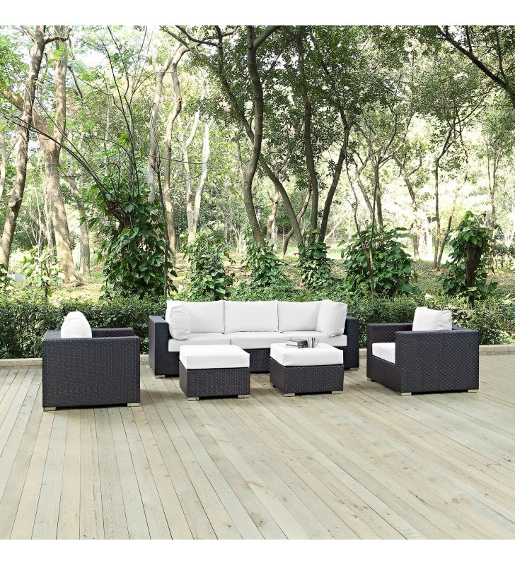 Convene 7 Piece Outdoor Patio Sectional Set in Espresso White - Lexmod