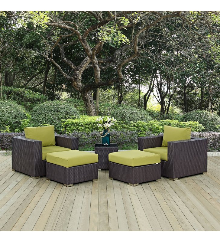 Convene 5 Piece Outdoor Patio Sectional Set in Espresso Peridot - Lexmod