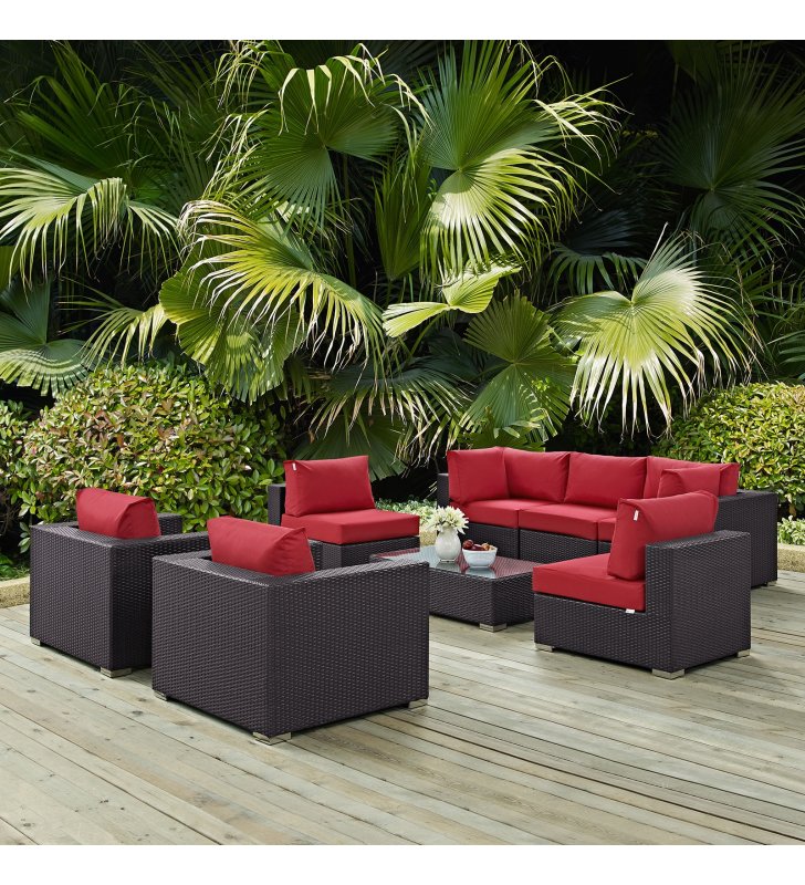 Convene 8 Piece Outdoor Patio Sectional Set in Espresso Red - Lexmod