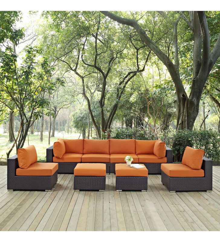 Convene 8 Piece Outdoor Patio Sectional Set in Espresso Orange - Lexmod